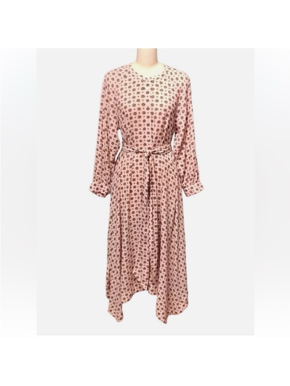 J. Crew Pink Printed Long-Sleeve Midi Dress with Tie Waist